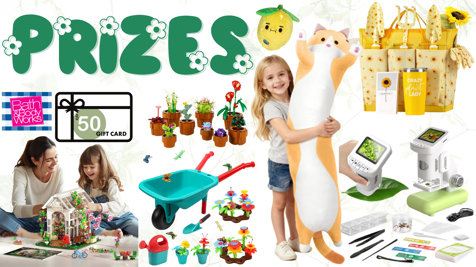 A collage of the various grand prizes for summer reading, including a gift card, a lego botanics set, 2 different plushies, a gardening tote, a kids science set, and a wheelbarrow play set.
