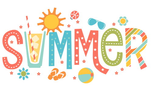 Graphic text: Summer! with summer themed elements like a beach ball, flip flops, an iced drink in beachy colors.