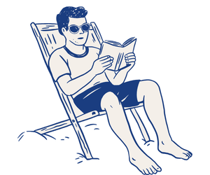 Illustrated boy relaxing in a beach chair in a swimsuit and sunglasses reading a book.