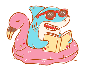 Shark in a flamingo floating tube wearing sunglasses and reading a book with a toothy smile.