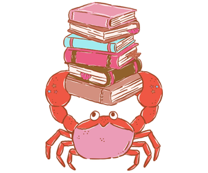 Red crab using its pinchers to hold up a stack of 6 books over its head, with a gleeful look.