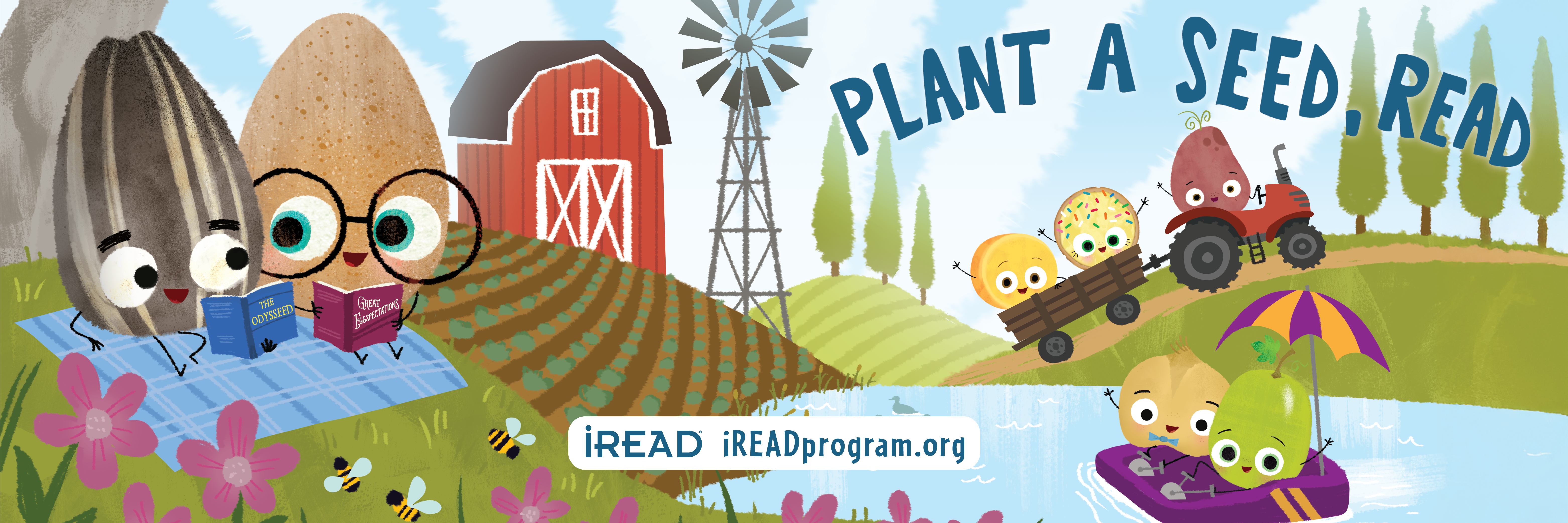 A banner illustrated with characters by Jory John and Pete Oswald having fun around a farm. It reads Plant a Seed, Read, iRead's 2026 summer reading theme.